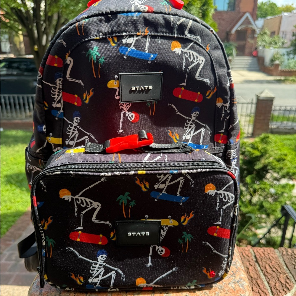 STATE Black Skeleton Print Backpack and lunchbox